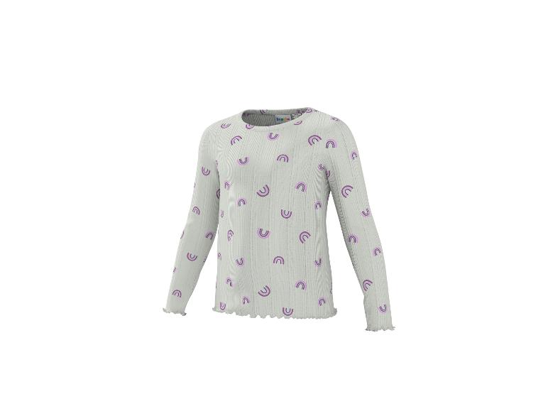 T-shirt à manches longues pour enfants, vert clair avec des imprimés arc-en-ciel violets.