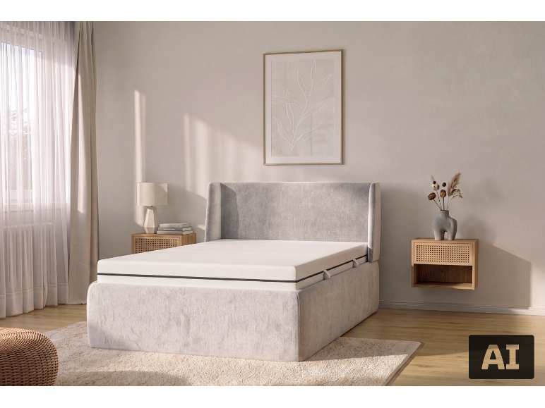 Chambre à coucher avec un lit rembourré gris, un matelas et des tables de chevet.