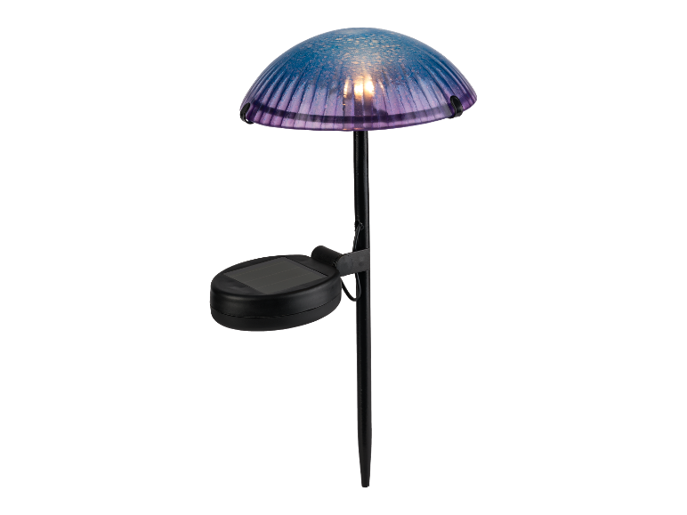 Une lampe solaire de jardin en forme de champignon, bleue et violette.