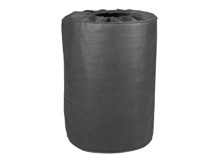 Sac de rangement cylindrique gris foncé avec cordon de serrage et fermeture éclair.