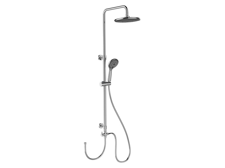 Un ensemble de douche chromé avec une grande pomme de douche de pluie et une douchette.