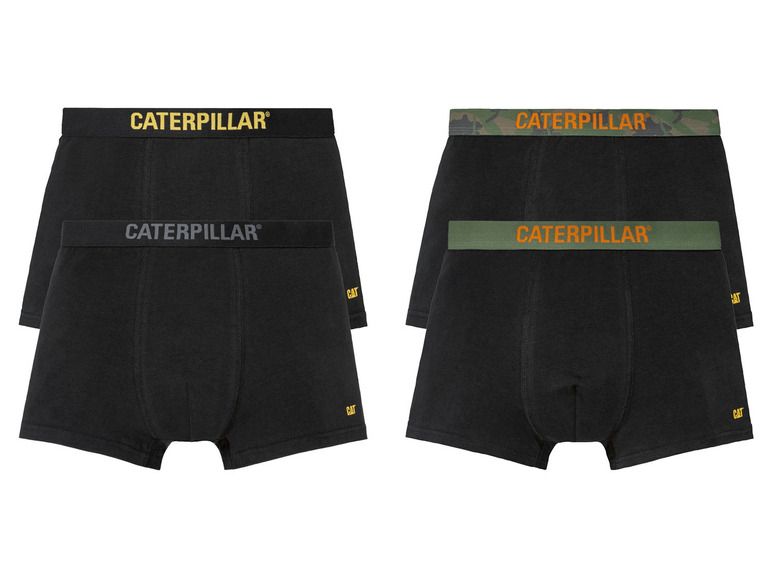 Deux paires de boxers noirs Caterpillar, l'une avec un imprimé camouflage.