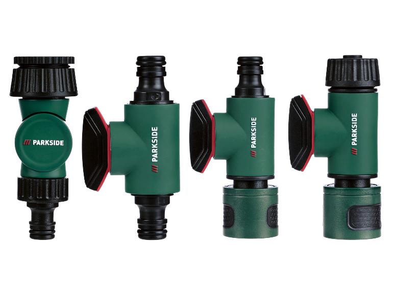 Quatre raccords de tuyau d'arrosage verts Parkside avec des détails noirs et rouges.