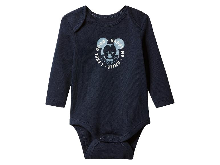Body bébé bleu foncé à manches longues avec un visage de Mickey Mouse et le texte 'I FEEL GOOD - HAPPY ME - SMILE'.