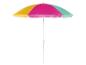Parasol de plage coloré avec des panneaux jaunes, roses et vert menthe sur un mât blanc.