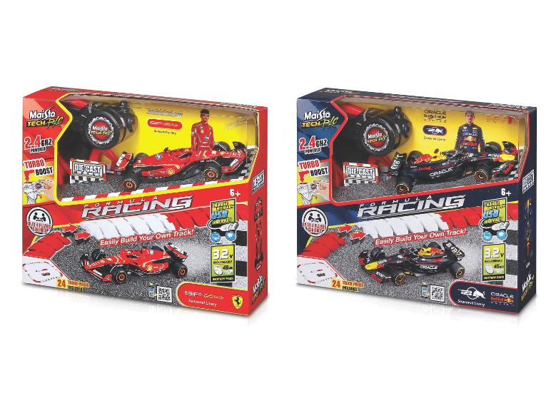 Deux ensembles de voitures de course télécommandées avec piste, un rouge et un noir.