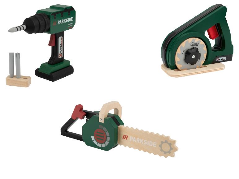 Un ensemble d'outils jouets Parkside, comprenant une perceuse, une scie circulaire et une tronçonneuse.