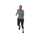 Femme en haut de sport gris et legging noir courant sur fond blanc.