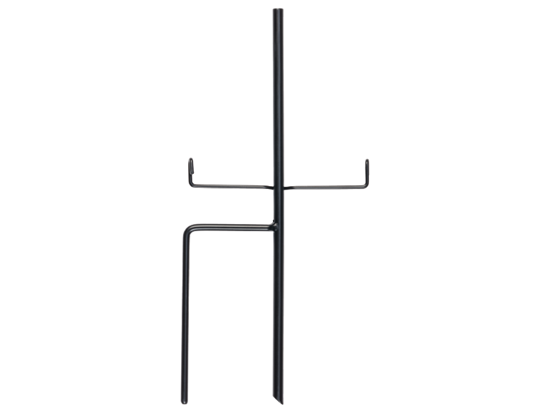 Piquet de jardin en métal noir avec deux bras horizontaux et un support inférieur.