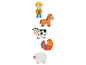 Figurines de jeu en bois d'un fermier, d'un cheval, d'une vache, d'une poule et d'un mouton.