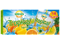Paquet de 14 boissons aux fruits tropicaux en sachets, saveur orange, citron et ananas.