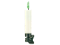 Une bougie LED blanche à flamme verte, fixée à une pince vert foncé.