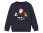 Un sweat-shirt bleu marine à thème de Noël, avec un Père Noël en pixel, un renne et un bonhomme de neige.