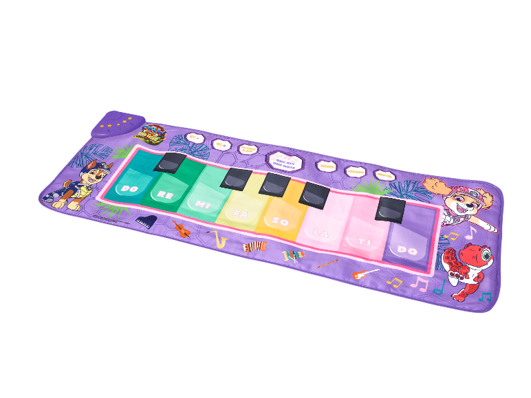 Tapis de jeu piano sur le thème Paw Patrol Dino Movie avec personnages et notes de musique.