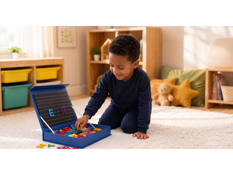Garçon souriant joue avec des lettres magnétiques sur un tapis dans une chambre d'enfant.