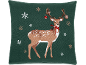 Coussin vert avec une image de cerf, des flocons de neige et des décorations de Noël.