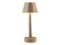 Une lampe de table beige avec un pied cylindrique et un abat-jour large.