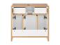 Meuble de salle de bain ouvert avec deux petits tiroirs et supports de charnières, bois clair et blanc.