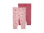 Deux leggings bébé : un à fleurs roses et un uni rose poudré.