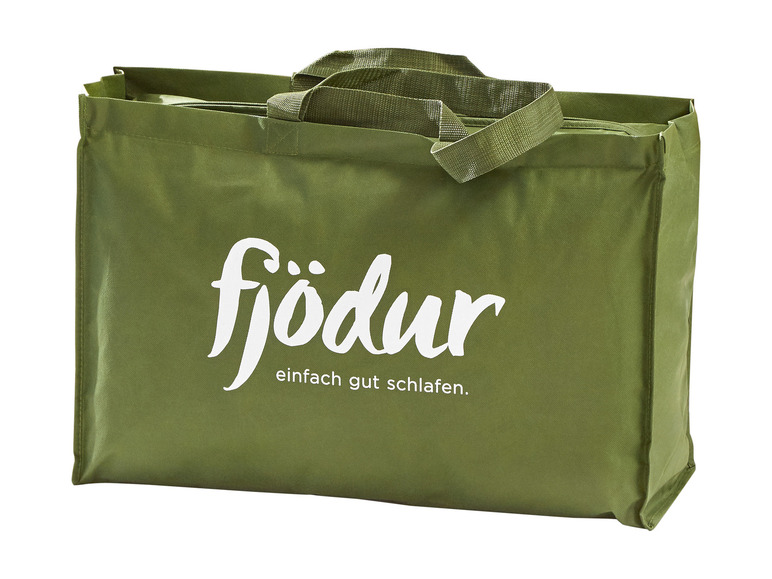 Sac de shopping vert Fjodur avec du texte blanc.