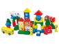Blocs en bois avec un thème de ville, y compris un avion, un bus et un camion de pompiers.