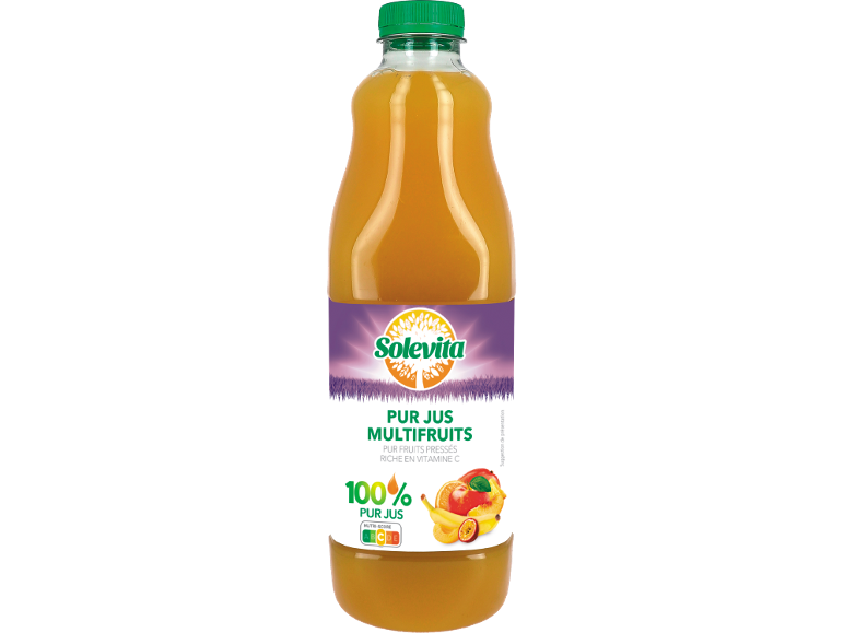 Bouteille de jus multifruits avec une étiquette violette, 100% pur jus, Nutri-Score A.