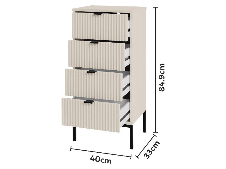 Commode haute et étroite à 4 tiroirs beige clair, poignées et pieds noirs, dimensions 84.9x40x33cm.