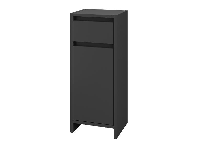 Meuble haut noir avec deux tiroirs et une porte, idéal pour le rangement.