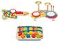 Ensemble d'instruments de musique en bois pour enfants, comprenant guitare, batterie et xylophone.