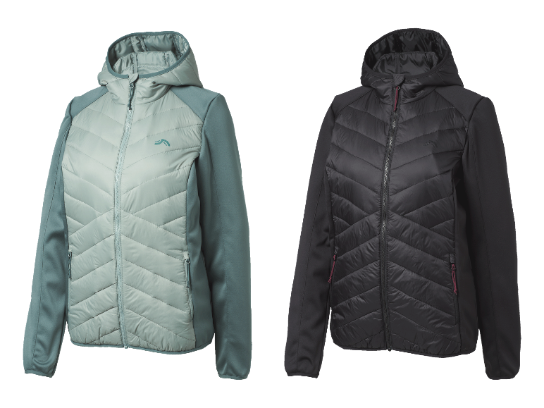 Deux vestes hybrides à capuche, une vert clair et une noire.