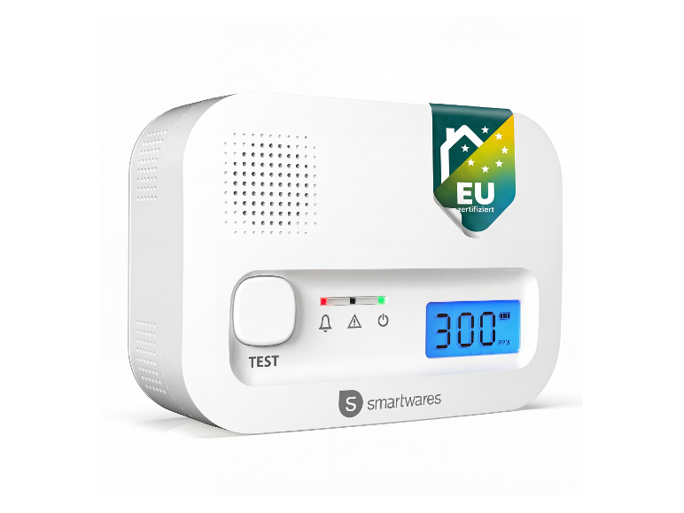 Détecteur de monoxyde de carbone blanc avec affichage numérique montrant 300 PPM et certification UE.