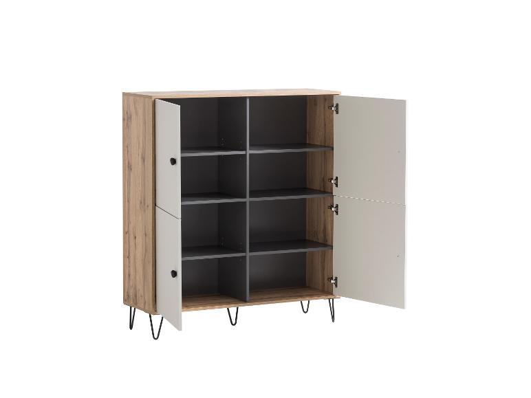 Meuble de rangement avec portes ouvertes, étagères et pieds en métal.