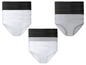 Trois paires de culottes blanches, grises et noires.