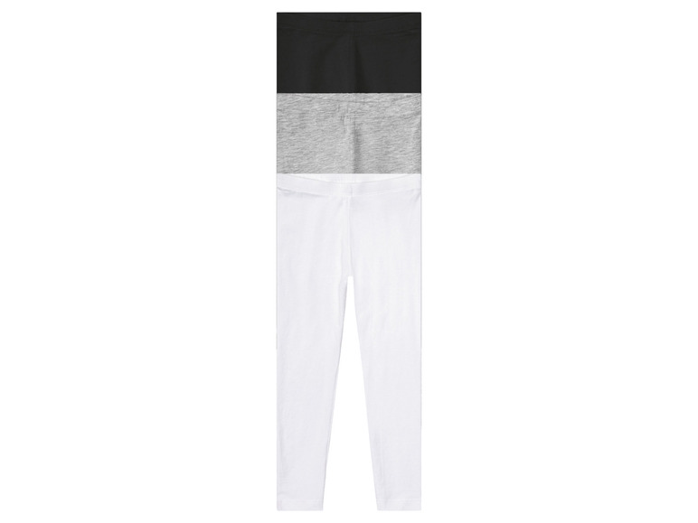 Trois paires de leggings en noir, gris et blanc.