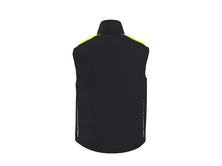 Gilet de sport noir avec des accents jaunes et blancs, vue arrière.