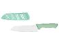 Un couteau de cuisine vert menthe avec une lame blanche et un étui de protection assorti.