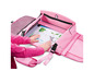 Un sac à dos rose avec un motif licorne, ouvert avec une image à colorier à l'intérieur.