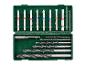 Assortiment de forets et embouts de vissage dans un coffret vert.