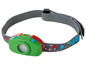 Une lampe frontale verte pour enfant avec un design spatial.