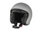 Un casque de moto ouvert gris avec une sangle de menton noire.