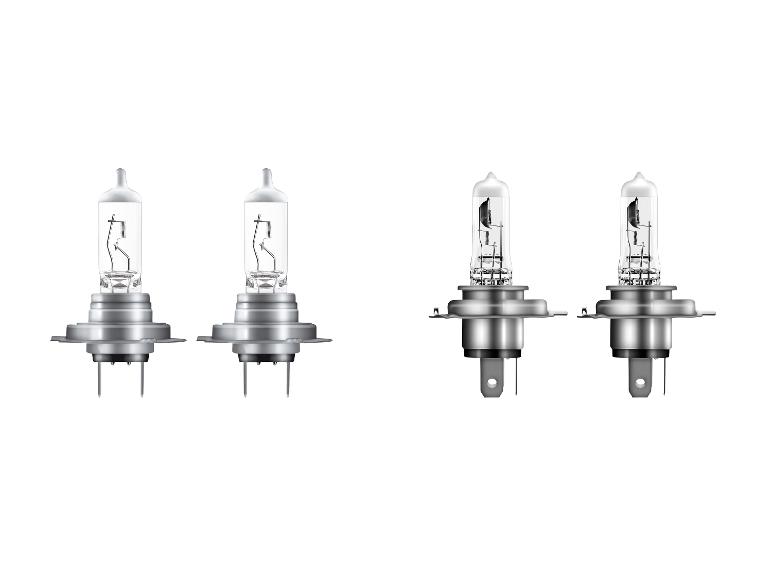 Deux paires d'ampoules halogènes automobiles, une à trois broches et une à connecteur plat.