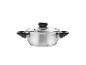 Une casserole en acier inoxydable avec un couvercle en verre et des poignées noires.