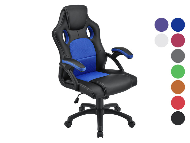 Un fauteuil de jeu noir et bleu avec accoudoirs.