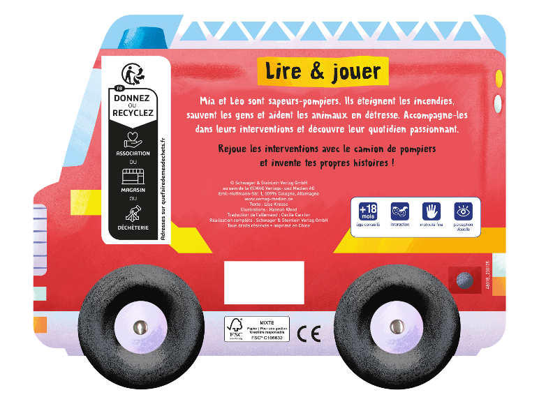 Livre pour enfant sur les pompiers avec camion de pompiers illustré.