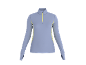 T-shirt de sport à manches longues pour femme, violet avec détails jaunes et fermeture éclair.
