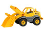 Un tracteur jouet jaune avec une pelle.