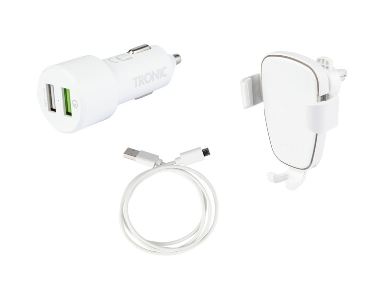 Un chargeur de voiture blanc TRONIC avec un support de téléphone et un câble.