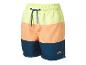 Short de bain homme avec trois blocs de couleurs : jaune, orange et bleu foncé, avec cordon de serrage à la taille.