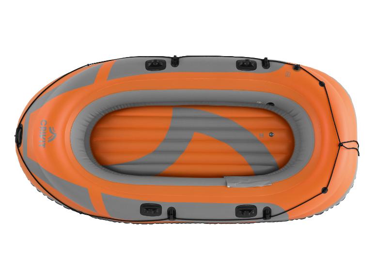 Bateau gonflable orange et gris avec cordes noires, vue de dessus.