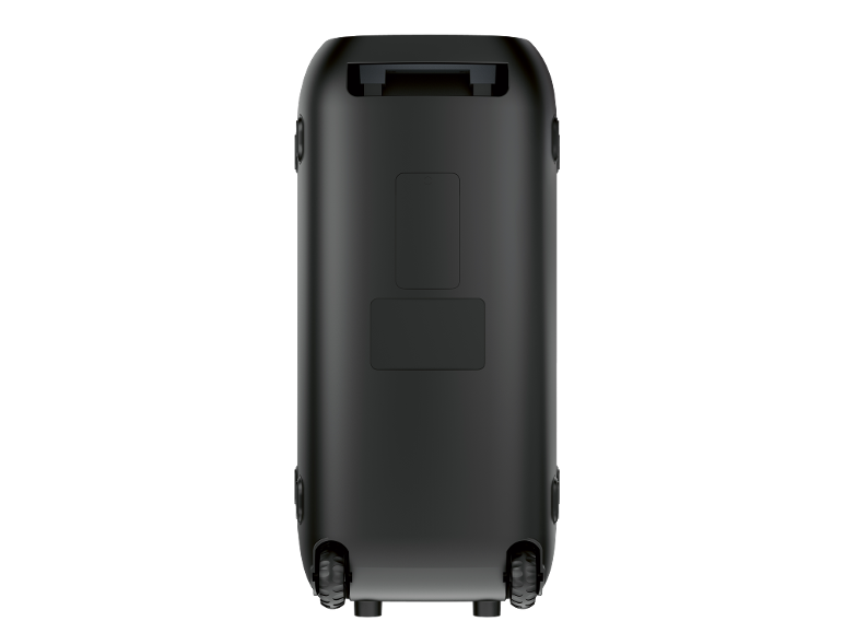 Vue arrière d'une enceinte portable noire avec roues et poignée.